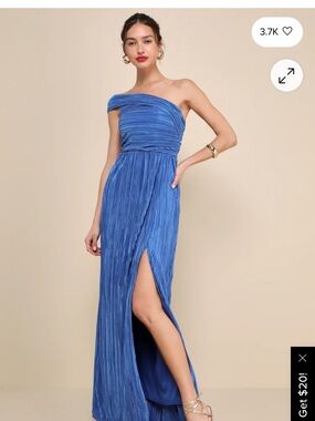 One-Shoulder Pleated Blue Evening Gown